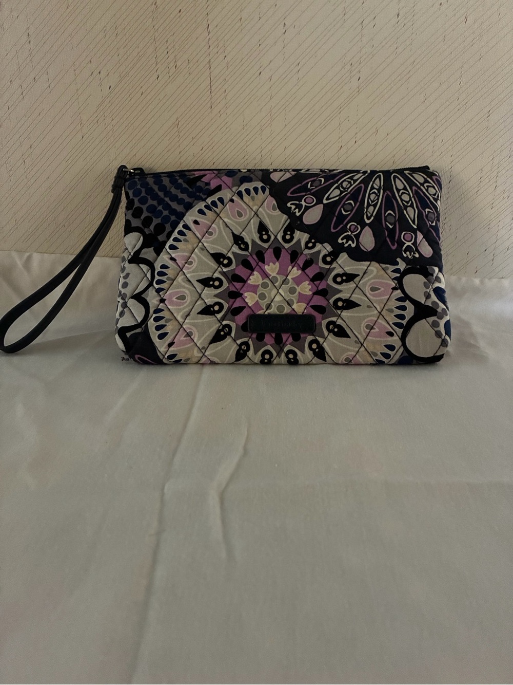 Vera Bradley Quilted Wristlet - Navy, Pink & Cream Floral Medallion